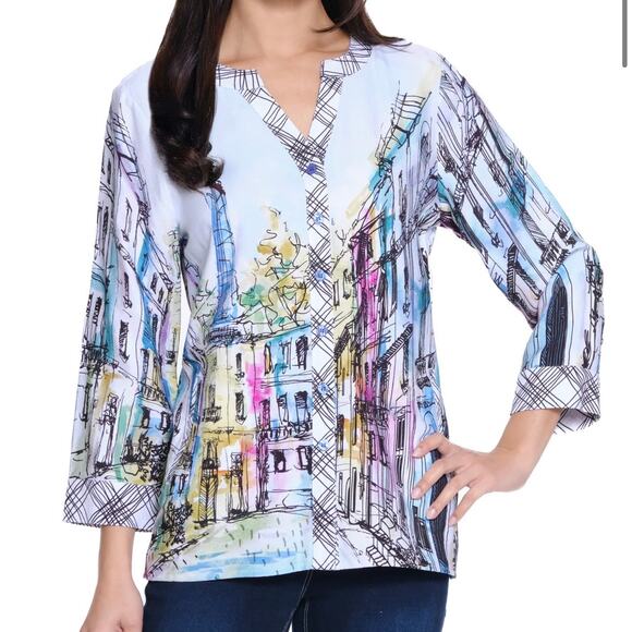 Ali Miles Mandarin Collar Tunic 3/4 Sleeve Button Front Blouse Top L City Print - Picture 1 of 12